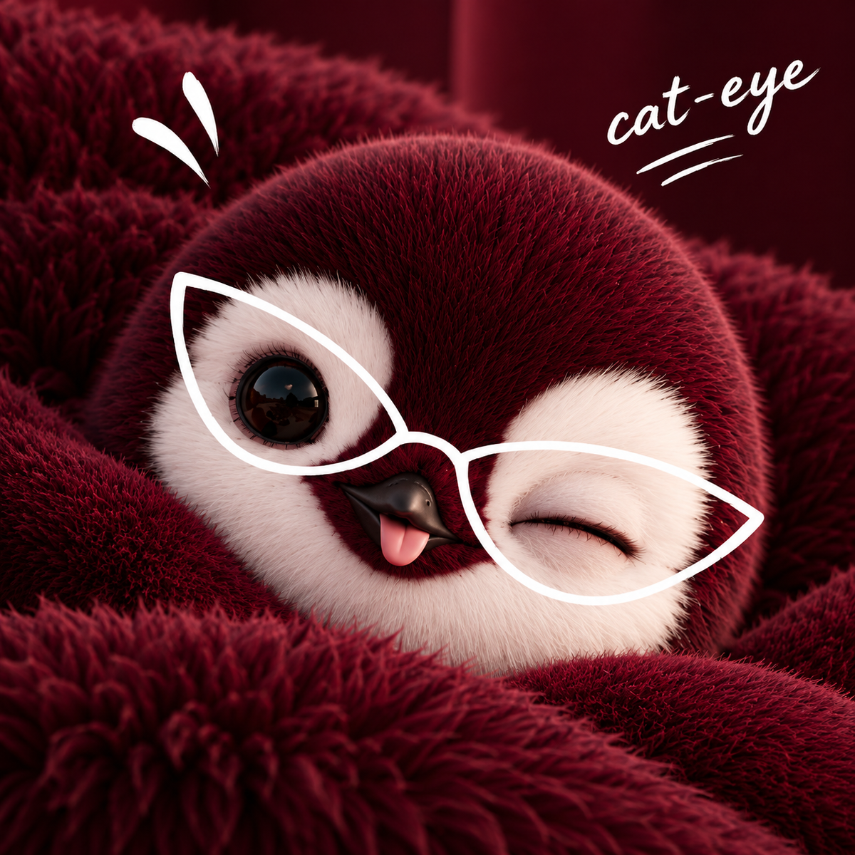 Aeenie mascot in deep burgundy fur wearing white cat-eye glasses outline for AEEN Cat-Eye women's sunglasses collection in Pakistan.