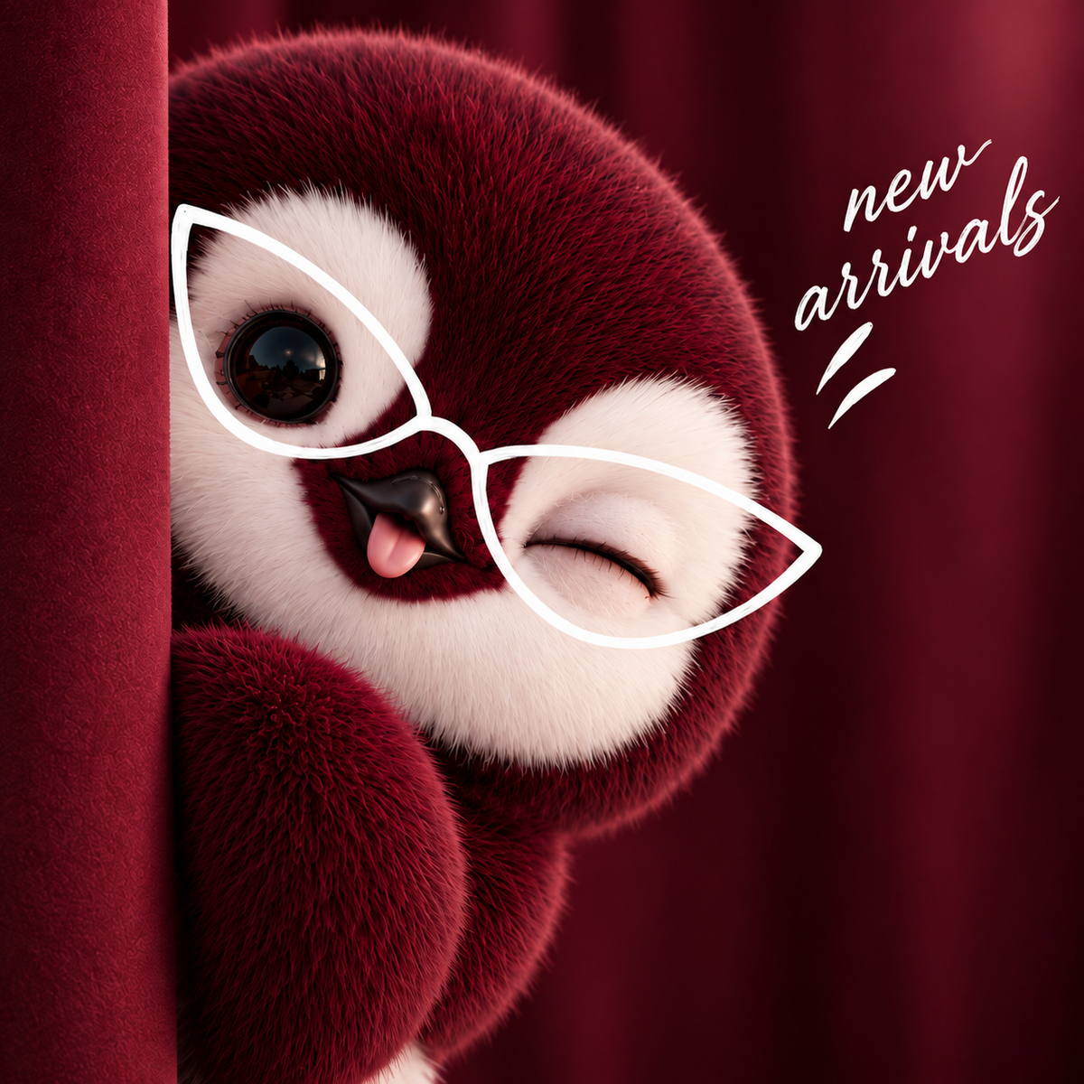 Aeenie mascot peeking from behind a burgundy curtain wearing white cat-eye glasses outline for AEEN's New Arrivals women's sunglasses collection in Pakistan.