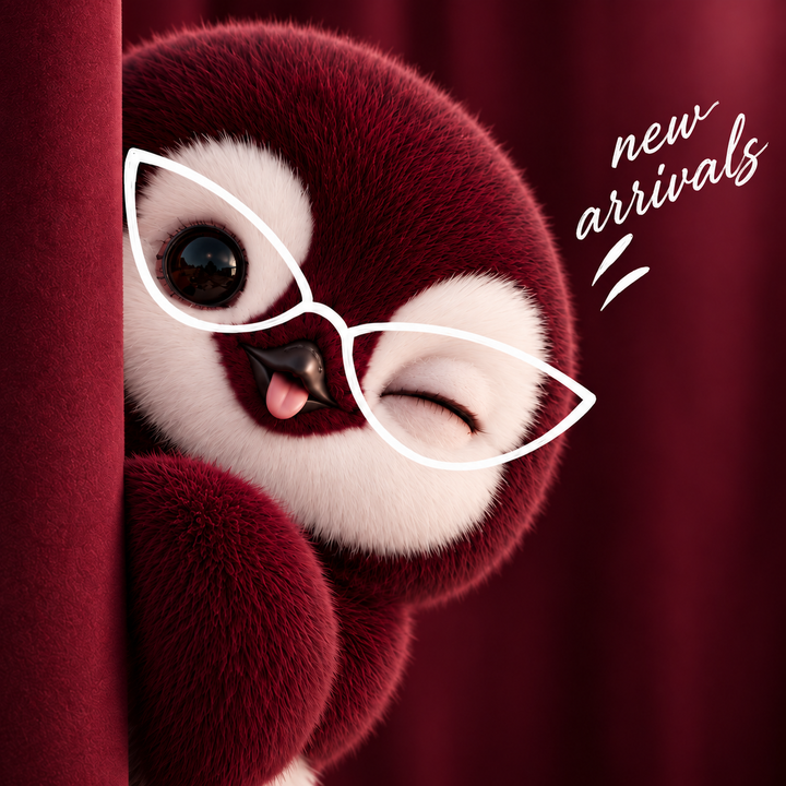 Aeenie mascot peeking from behind a burgundy curtain wearing white cat-eye glasses outline for AEEN's New Arrivals women's sunglasses collection in Pakistan.