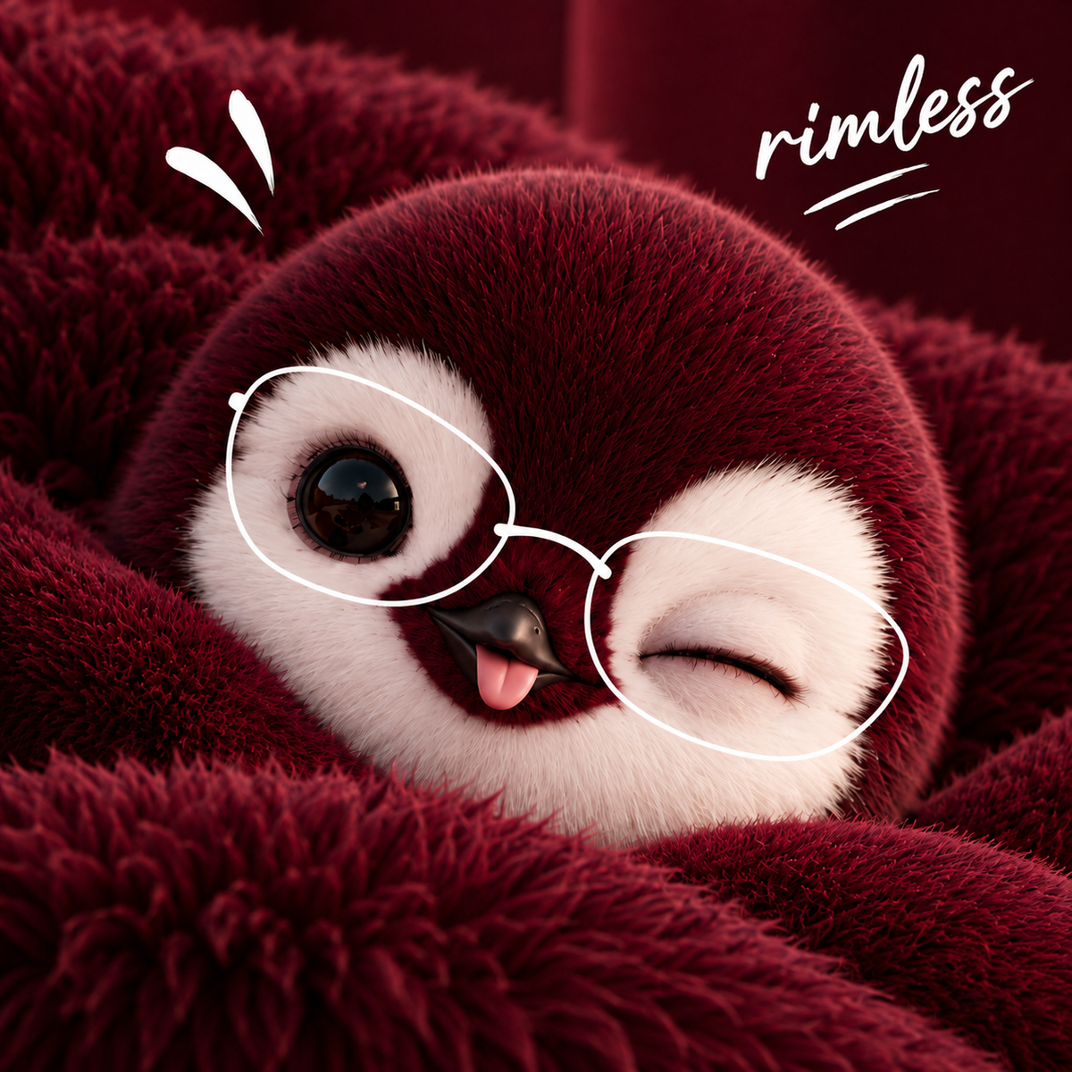 Aeenie mascot in deep burgundy fur wearing sleek white rimless glasses outline for AEEN Rimless women's sunglasses collection in Pakistan.