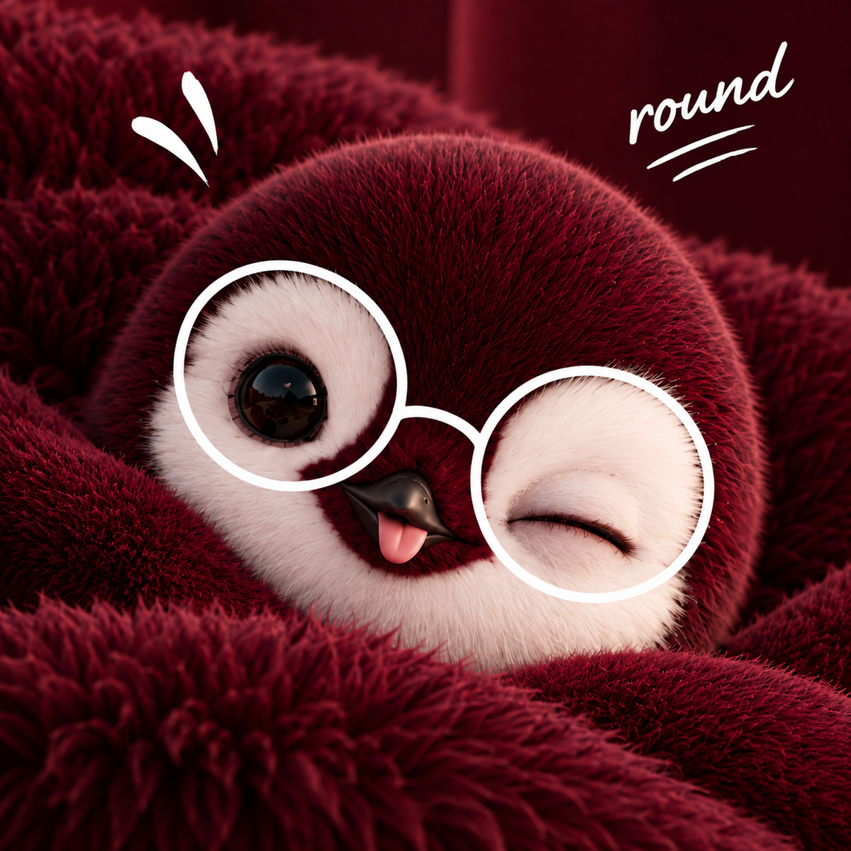 Aeenie mascot in deep burgundy fur wearing round white glasses outline for AEEN Round women's sunglasses collection in Pakistan.