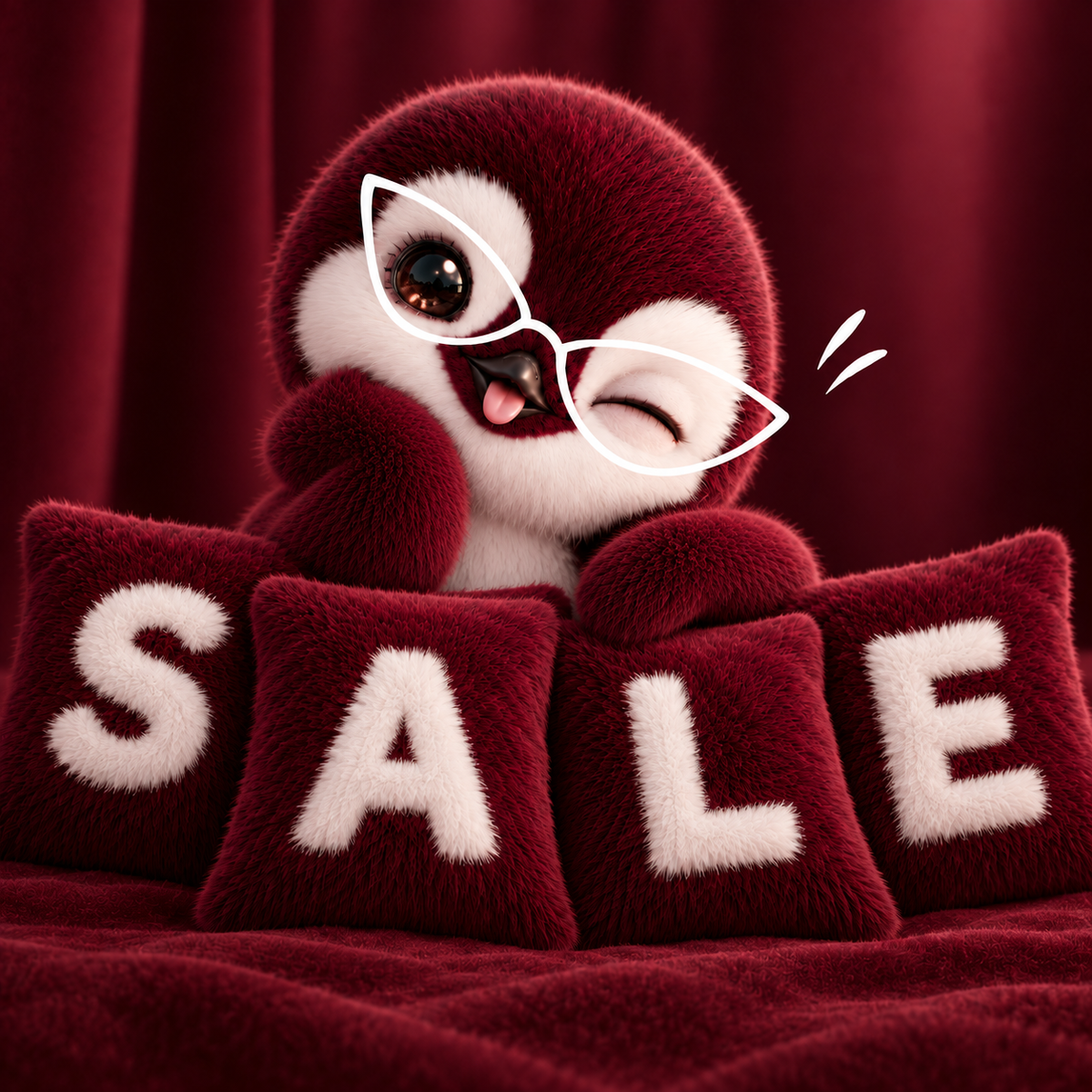 Aeenie mascot resting on burgundy pillows spelling SALE, wearing a white cat-eye glasses outline, for AEEN's Sale collection of women's sunglasses in Pakistan.