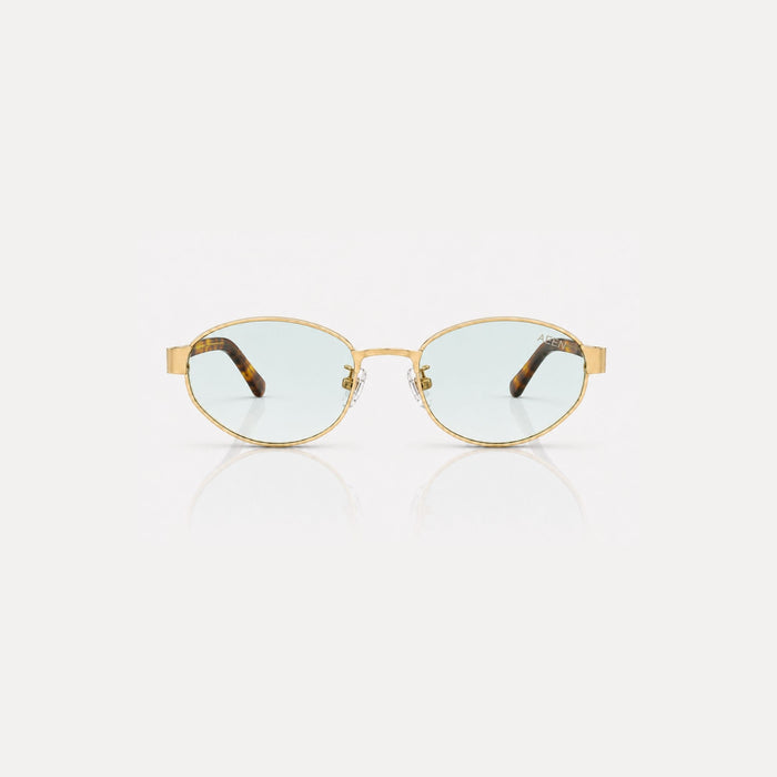 Aqua green | Angled three-quarter studio product shot of Aeen sunglasses featuring aqua green tinted lenses and sleek frames