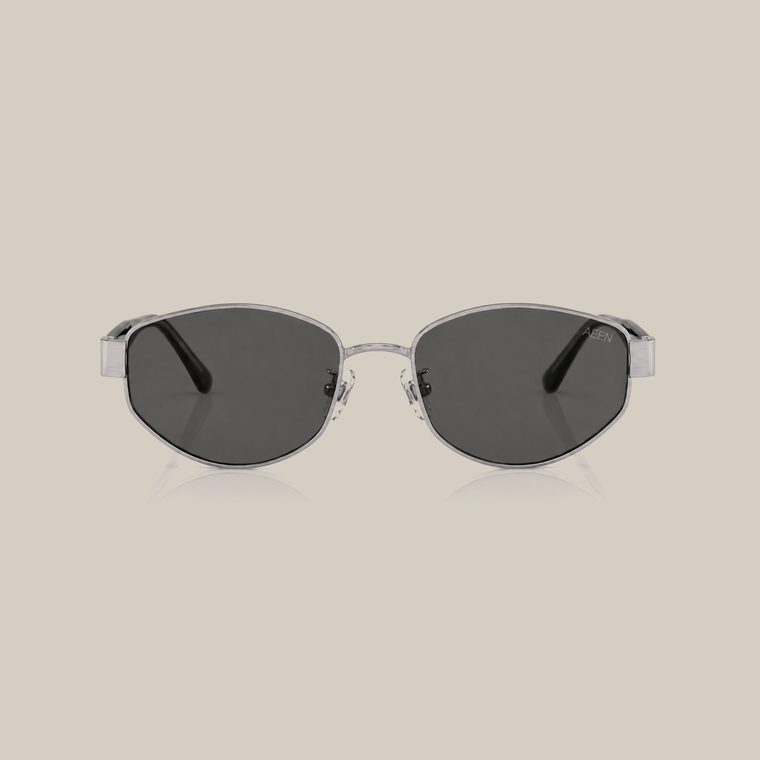 Gloss Black | AEEN geometric sunglasses with dark grey lenses, silver metal frame and black temples, straight front view.